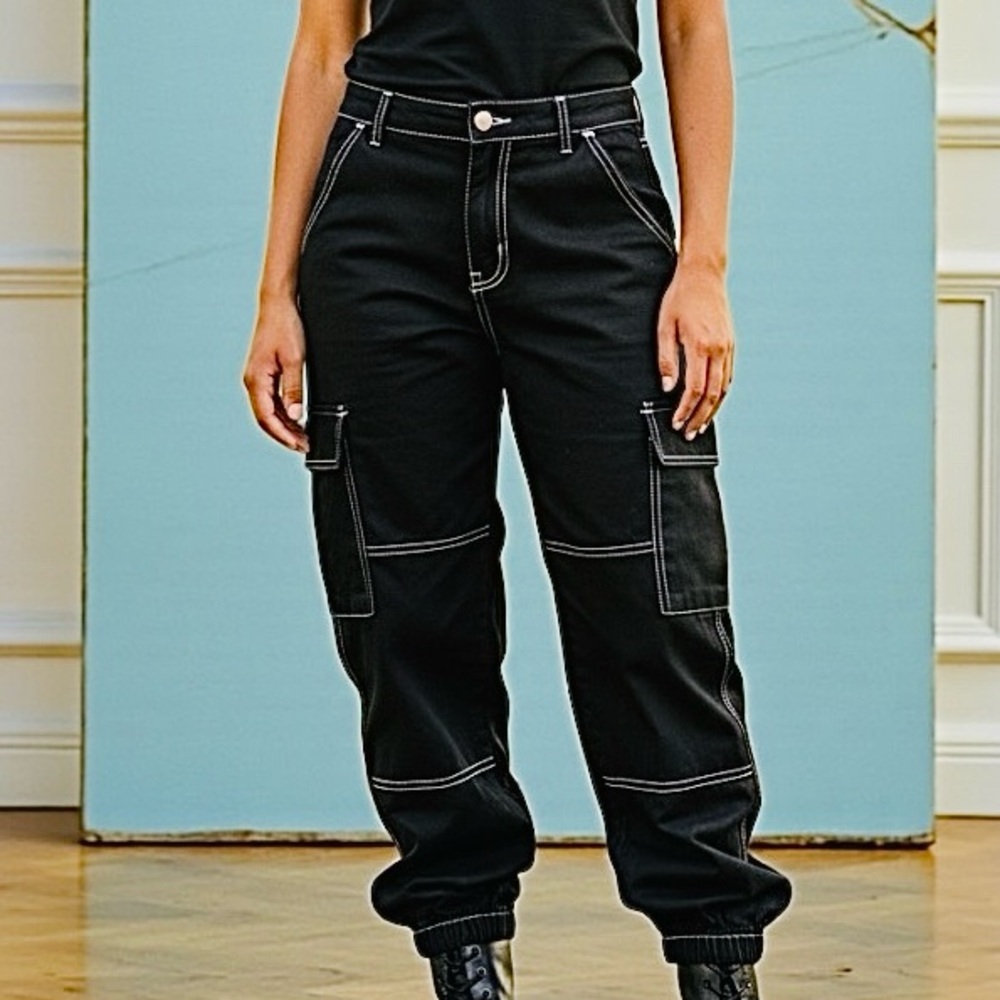 Black Cargo Pants with Contrast Stitching | Size M